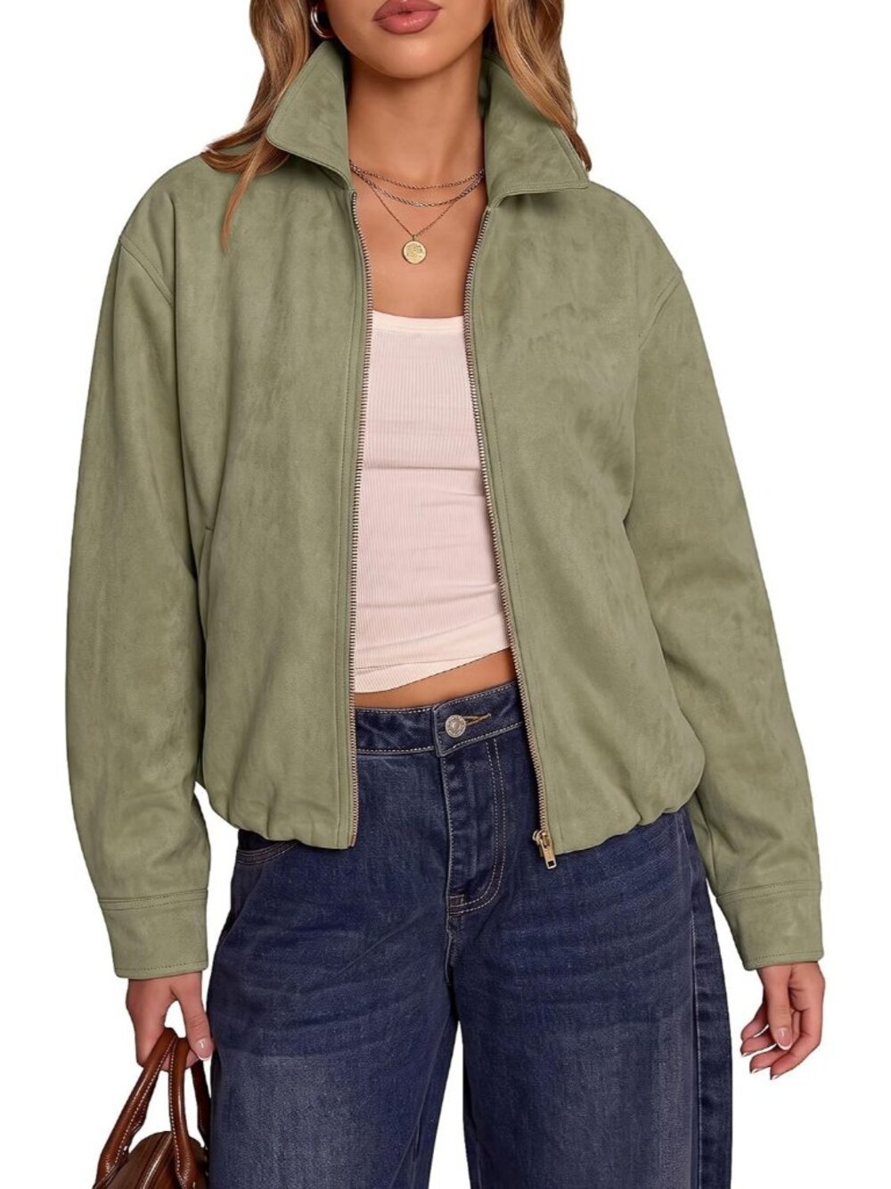 Women's Army Green Faux Suede Oversized With Pockets Cropped Fall Jacket